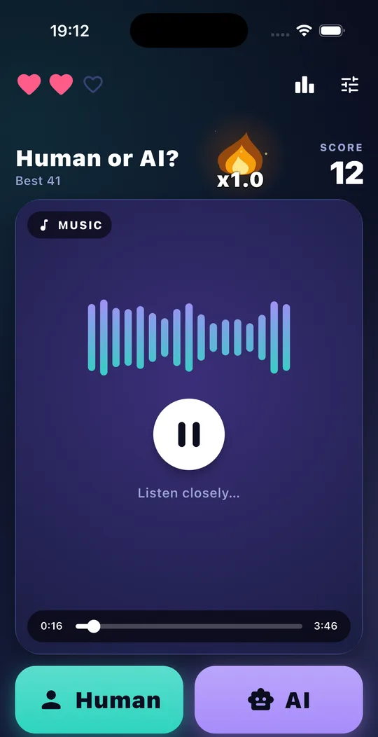 A music round in Human or AI? with an animated equalizer and playback controls