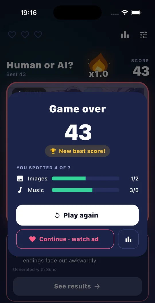 Game over screen showing the score and how many images and songs were identified correctly